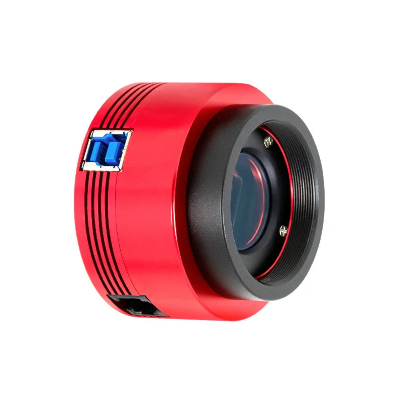 Close-up of a red lens featuring a blue ring, specifically made for a ZWO imaging camera.