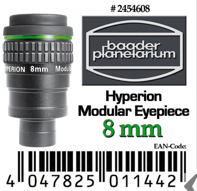 Baader 8mm Hyperion eyepiece, featuring 68° view, high contrast, and versatile fit for enhanced stargazing experiences.